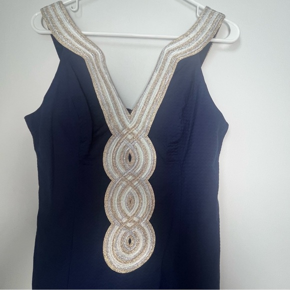Lilly Pulitzer Women's Valli Shift Dress True Navy Silver Gold Cross Neck Size 2 - Picture 2 of 10